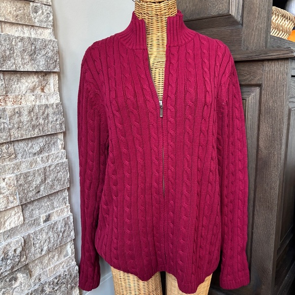 LL Bean Sweater Womens XL Dark Red Double L Cable Knit Full Zip Cardigan - Picture 1 of 9